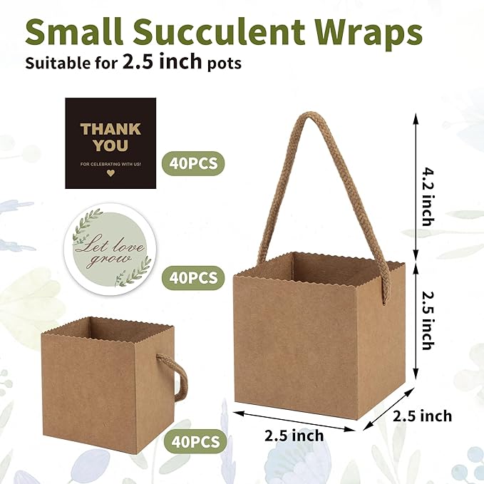 Temlum 2.5 Inch Succulent Wrap Bags (Fits 2.5″ Pots) with Thank You & Let Love Grow Stickers, Small Gift Box for Wedding, Baby Shower, Succulent Party Favors for Guests (Brown 40pcs)