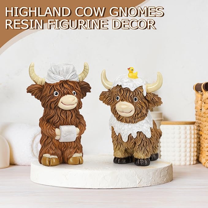 2 Pcs Highland Cow Bathroom Figurines Bathroom Theme Highland Cow Christmas Gnomes Bath Resin Statue Calf Gifts for Christmas Farmhouse Home Garden Kitchen Office Tiered Tray Table Decor