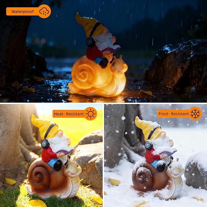 Ferrisland Garden Gnomes Snail Outdoor Figurines with Solar Lights, 10.4 inches Resin Solar Gnomes Decoration Yard Outdoor Garden, Patio Yard Lawn Birthday Housewarming Mother's Day（Gnome on Snail）