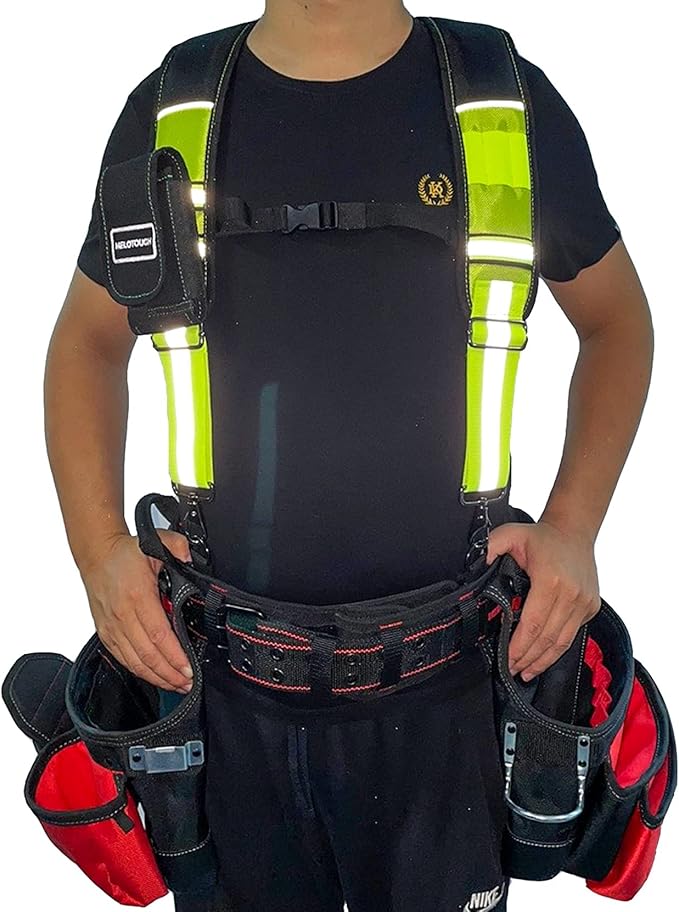MELOTOUGH Reflective Safety Suspenders Tool Belt Suspenders Construction Work Suspenders with detachable phone holder comfortable foam shoulder padder (Lime)