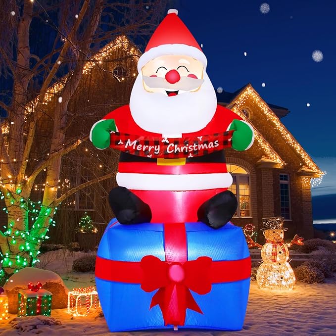 GOOSH 6 FT Christmas Santa Inflatables Outdoor Decorations Smiling Santa Claus Seated with Banner on Present Boxes Blow Up Yard with Built-in LEDs for Christmas Party Yard Garden Lawn Decoration