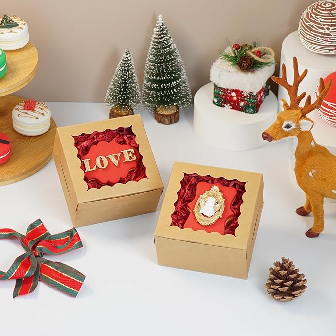 20pcs Cookie Boxes 4x4x2.5 Inch Bakery Boxes with Window Treat Box Dessert Box for Wedding Favors Party - Brown