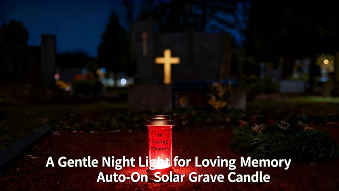 Gold Metal & Red Acrylic Outdoor Solar Candle Holders, Decorative Candle Lanterns with Long Ground Stake, Fall Solar Lights Outdoor Cemetery Lights for Grave, Grave Decorations for Cemetery