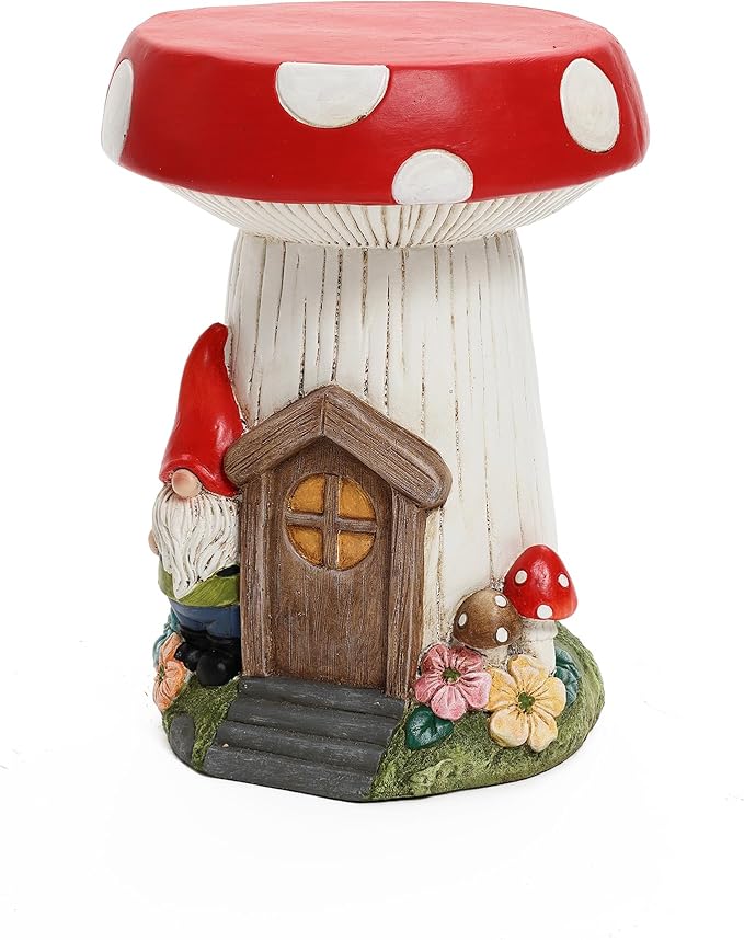 LuxenHome Gnome Garden Statue,17'' Mushroom House Statue, Outdoor Side Table, Plant Stand for Balcony, Gift, Large Garden Ornaments Yard Decor, Fairy House, Patio Side Table, Sculpture, Drum Stool