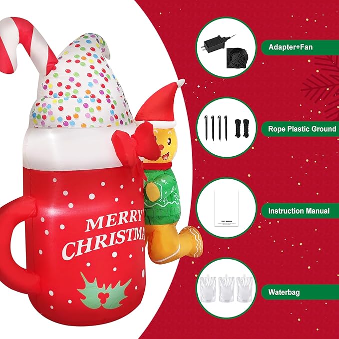 5FT Inflatable Gingerbread Men Christmas Decoration Blow Up Elf with Ice Cream Merry Christmas Printed Decor for Holiday, Party, Winter Festive Ornaments Indoors Outdoors Lawn, Yard, Garden