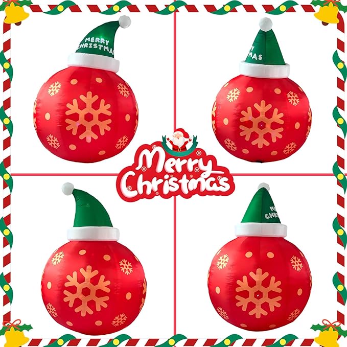 8ft Red Christmas Ball with Santa Hat Inflatable Outdoor Indoor Decor, Giant Blow Up IP44 Weatherproof Xmas Decorations for Yard, Built-in 7-Color LED Rotating Light for Gardern Lawn Winter Holiday
