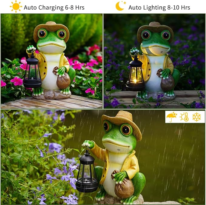 Frog Garden Statue with Solar Lantern - Large 13 in Solar Frog Statue Outdoor for Yard, Patio, Porch, Lawn and Balcony Decorations, Gift for Gardeners and Housewarming