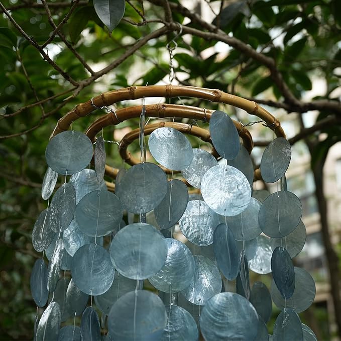 Capiz Shell Large Wind Chime for Outside Sea Glass Wind Chime Ocean/Beach Themed Chime Gift for Women Mother’s Day Decoration-Blue, 32"*11"