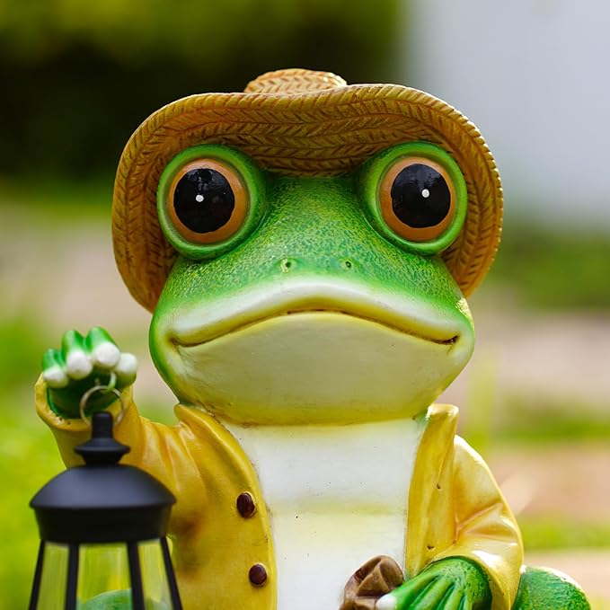 Frog Garden Statue with Solar Lantern - Large 13 in Solar Frog Statue Outdoor for Yard, Patio, Porch, Lawn and Balcony Decorations, Gift for Gardeners and Housewarming