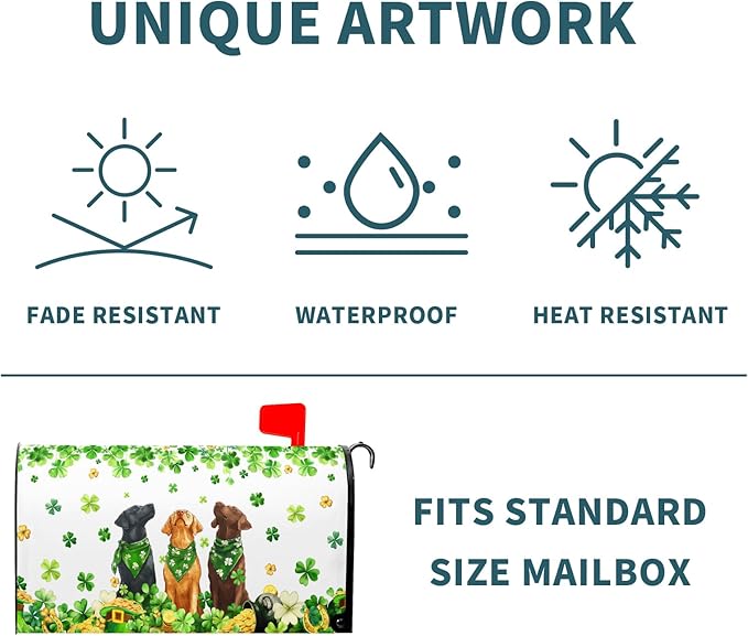 St. Patricks Day Mailbox Cover Magnetic, 25.5"x21" Patrick Dog Lucky Clover Elf Hat Mailbox Wrap, Spring Shamrocks Large Size Waterproof Letter Post Cover for Garden Yard Outdoor Decor