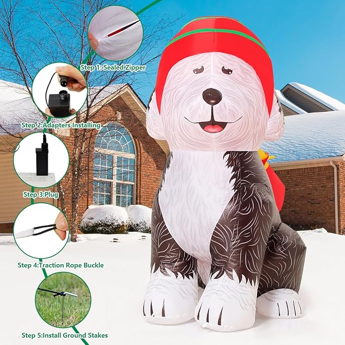 COMIN 5 FT Tall Christmas Inflatables Outdoor Decorations Blow Up Xmas Old English Sheepdog Carrying Presents with Built-in LEDs for Christmas Indoor Outdoor Yard Lawn Garden Decorations