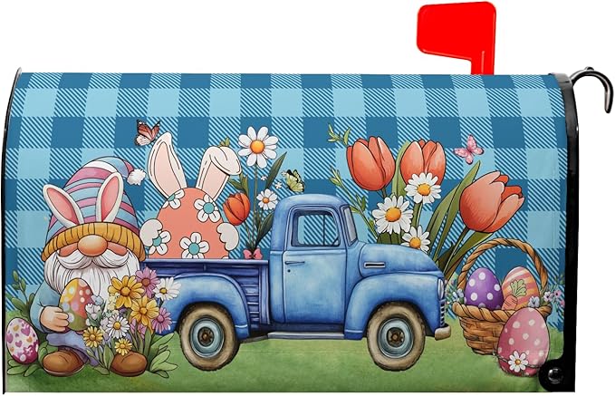 Easter Mailbox Covers Magnetic Gnome Mailbox Cover Standard Size 21x18 in Spring Colorful Flowers Decorations for Outside Garden Waterproof Oxford Blue Buffalo Plaid