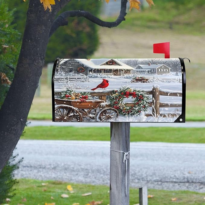 SUABO Mailbox Cover Winter Scene Cardinal Oversize Magnetic Mailbox Covers Wraps for Christmas Home Yard Garden Decor