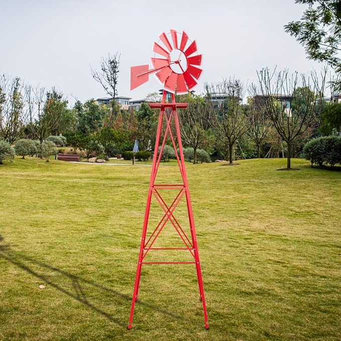 VINGLI 8FT Metal Windmill Ornamental Spinner Backyard Garden Decoration Weather Vane, Heavy Duty Wind Mill w/ 4 Legs Design, Red