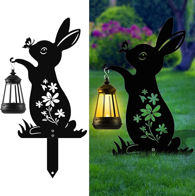 Bunny Solar Garden Stakes, Rabbit Silhouette Decorative with Solar Lantern, Metal Garden Decor for Yard,Lawn,Pathway