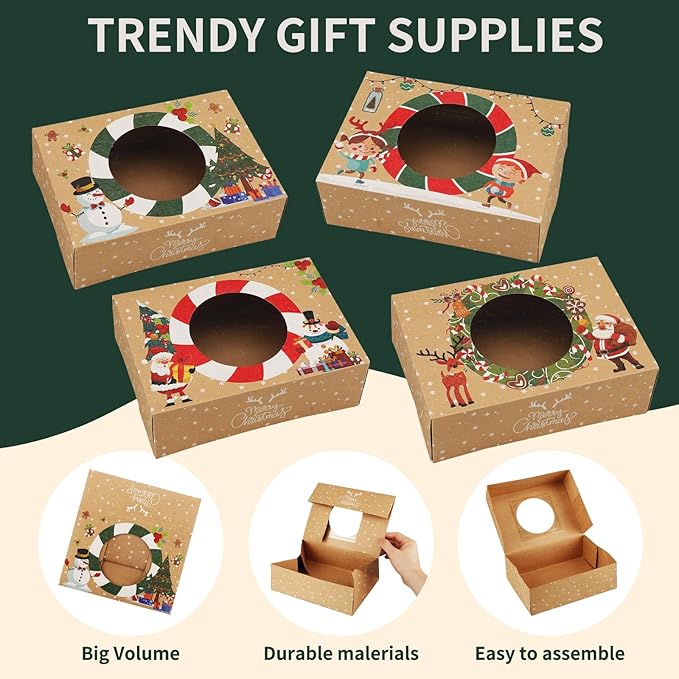 12pcs Christmas Cookie Boxes - 8.25inx5.75inx2.75in - Kraft Paper Bakery Treat Boxes for Holiday Gifts & Parties