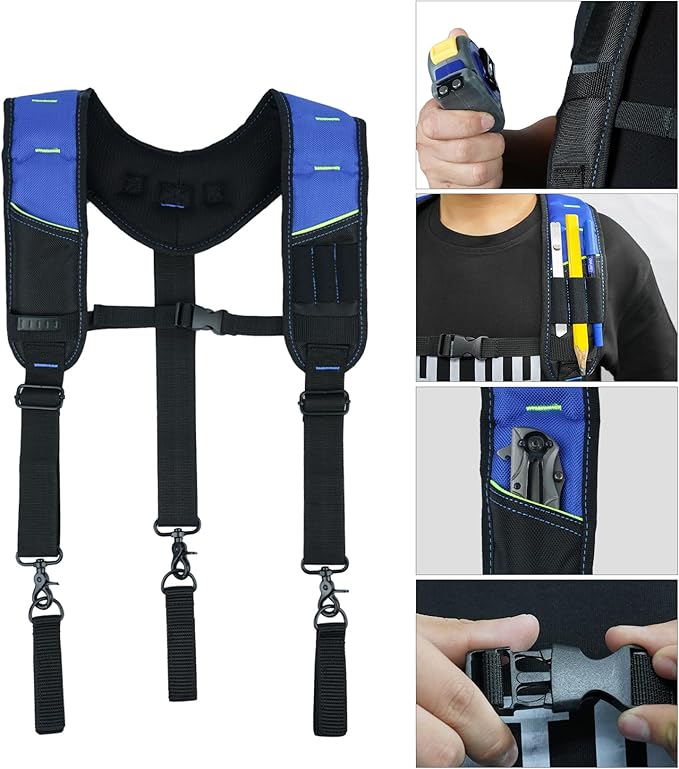 KUNN 3 Point Padded Tool Belt Suspenders for Men,Heavy Duty Construction Suspenders with Tool Belt Loops,Blue