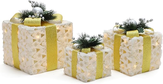 LuxenHome Set of 3 Lighted Gift Boxes, Battery Operated Snowflake Fabric with Gold Ribbon Bow Boxes for Xmas, Lawn, Porch, Under Tree Indoor, Outdoor Christmas Decorations