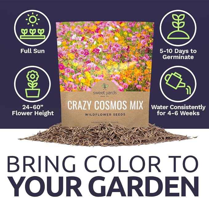 Sweet Yards Cosmos Seeds Wildflower Mixture - Bulk Quarter Pound Bag Over 20,000 Seeds - Pink, Yellow, Orange, Red, Purple and White Mixed Species - 7 Varieties Premium Quality for Planting Outdoors