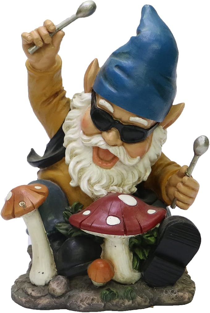 Nature's Mark Rock n Roll Gnome in a Band Playing Drums Resin Statue Figurine Home Garden Decorative Accent Décor (8" H)