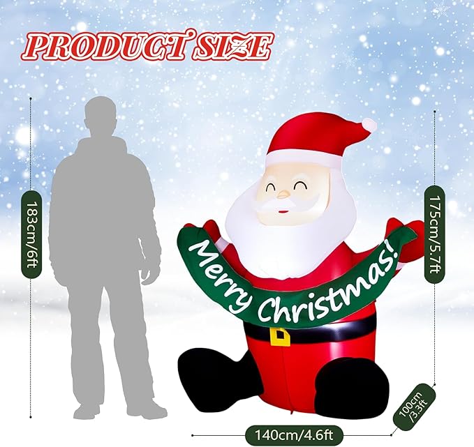 VINGLI 5.8ft Cute Santa Claus Inflatable, Inflatable Santa Holding Banner Christmas Blow ups Yard Decoration, Outdoor Inflatables with LED Lights for Outdoor, Lawn, Garden, Xmas Holiday Decor