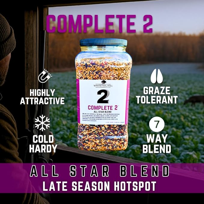 Complete 2 Food Plot Seed Mix for Deer, All Star Blend of Brassicas, Ceral Grains, Clovers, and Austrian Winter Peas, Cold Hardy, Late Season Plot