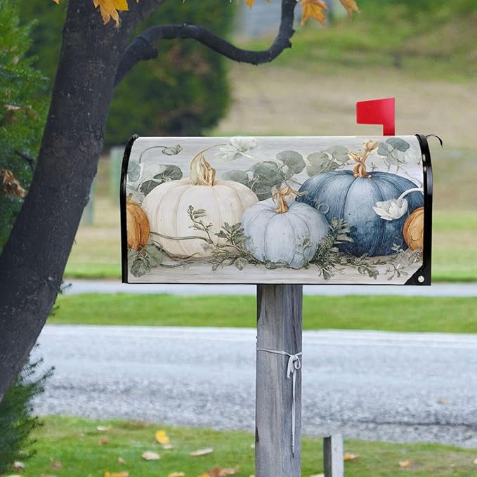 ALAZA Fall Blue Orange Grey Pumpkin Magnetic Mailbox Cover MailWraps Garden Yard Home Decor for Outside Oversized-25.5" x20.8"