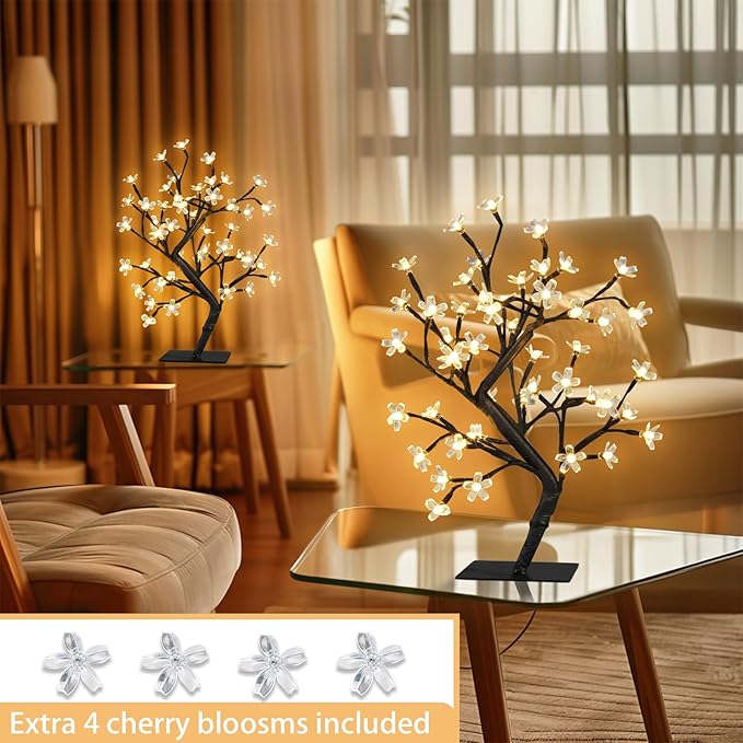 PEIDUO Set of 2 Lighted Cherry Blossom Tree, Light up Bonsai Tree for Christmas Decorations, Warm White Lights Plug in Adapter, Tabletop Night Light Artificial Tree for Indoor Bedroom Living Room