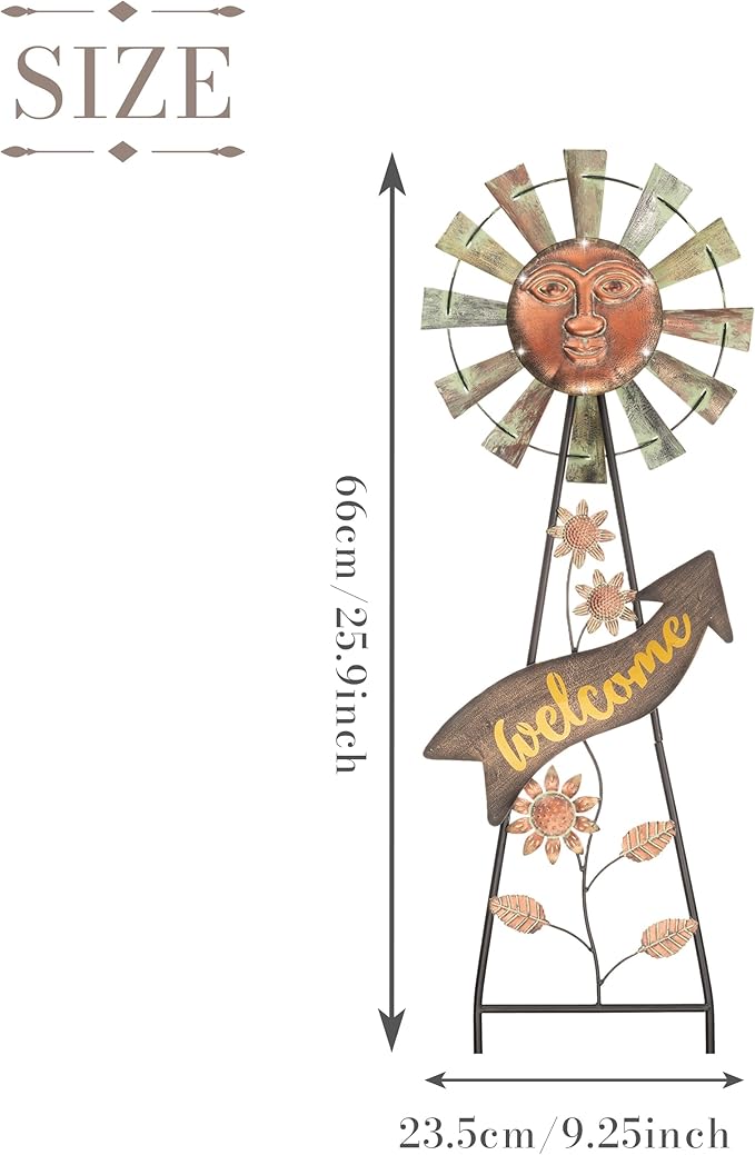 TERESA'S COLLECTIONS Garden Decor with Solar Outdoor Lights, Wind Spinner Yard Art Sign for Outside, 26'' Bronze Metal Sun Face Windmill Decorative Garden Stake for Lawn Ornaments, Gifts for Mom