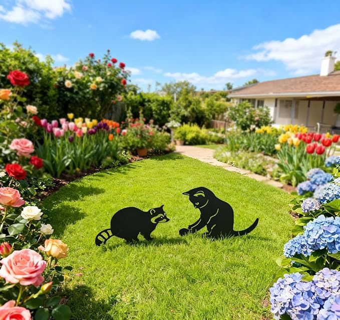 2 Pack Black Cat & Raccoon Garden Stakes, Metal Yard Art for Outside, Decorative Silhouette Statues for Garden, Lawn, Patio, Cute Outdoor Animal Ornaments (Cats and Raccoons)