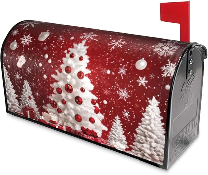 Festive Magnetic Mailbox Cover Red Christmas Tree Pattern Outdoor Mailbox Protector Holiday Seasonal Decorative Garden Yard Home Large Size 25.5 x 21 Inch