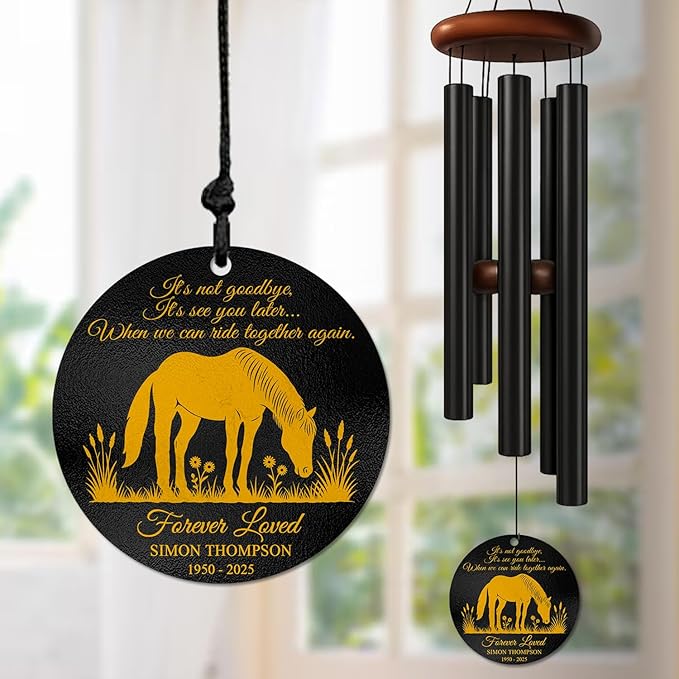 Personalized Horse Memorial Wind Chimes for Outdoors – Custom Engraved Name & Years Sympathy Gift – Soothing Outdoor Memory Chimes for Bereavement – Meaningful Tribute Keepsake for Family & Friends