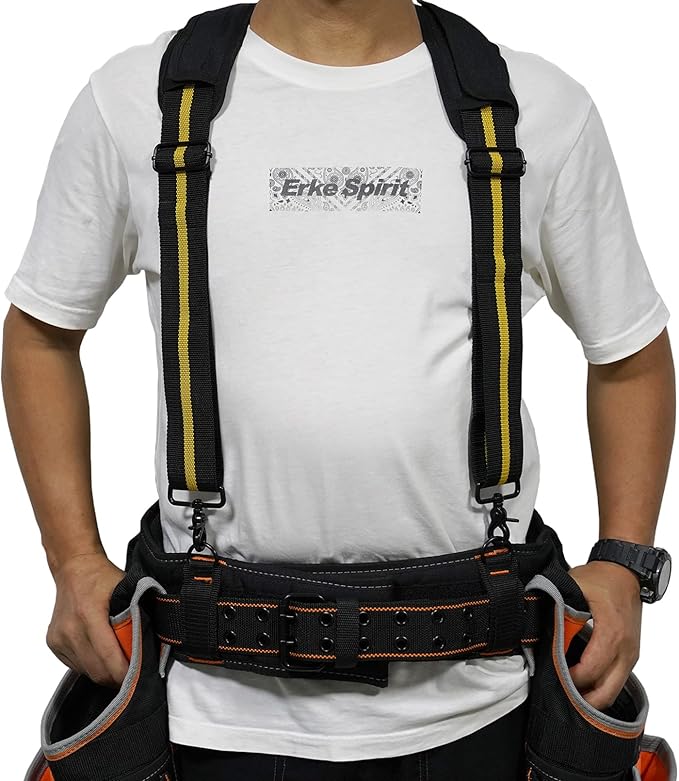 MELOTOUGH Tool Belt Suspenders Tool Harness for Heavy Duty Work Movable shoulder Pads, Quick lobster clasp (Yellow Strip)