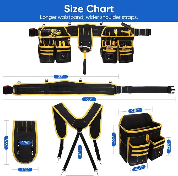 Tool Belts for Men, Tool Belt Suspenders, Heavy Duty Tool Belts with 28 Pockets, Magnetic Tool Belt with Suspenders for Carpenters Electricians Framers, 32''-66'' Adjustable Waist