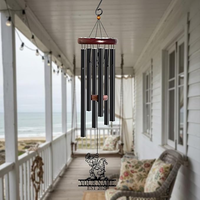 Personalized Customize Name Gnome Wind Chime, Metal Iron 37 Inch Outdoor Memorial Gift for Garden Yard Patio Home Decor, Black，Christmas (Style A)