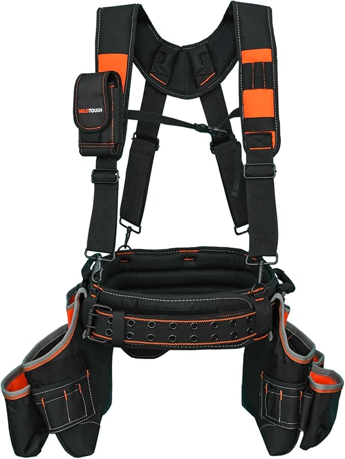 MELOTOUGH Pro Framer Combo System Tool Belt with Suspenders Construction Tool Pouch Builder Heavy Duty Carpenter Suspension Rig Tool Belt and Multi Function for electrician, roofing,contractor
