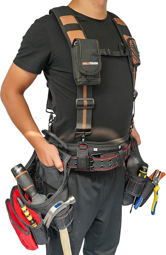MELOTOUGH Tool Belt Suspenders Construction Work Suspenders with detachable phone holder comfortable foam shoulder padder (Khaki)