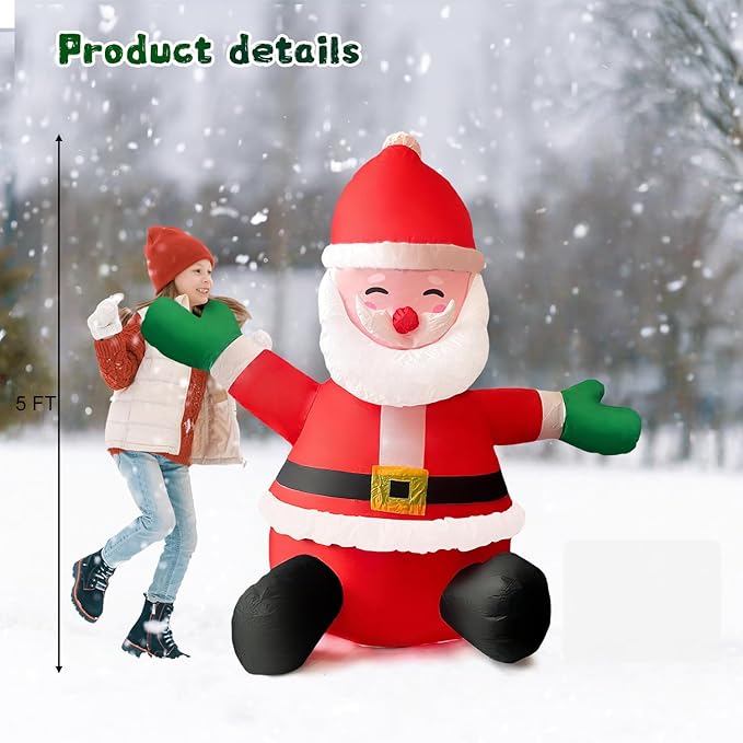 HONGLAND 5FT Christmas Inflatables Sitting Santa Claus with Built-in LED Lights, Outdoor Decorations for Yard Garden, Weatherproof Holiday Decor for Christmas Party