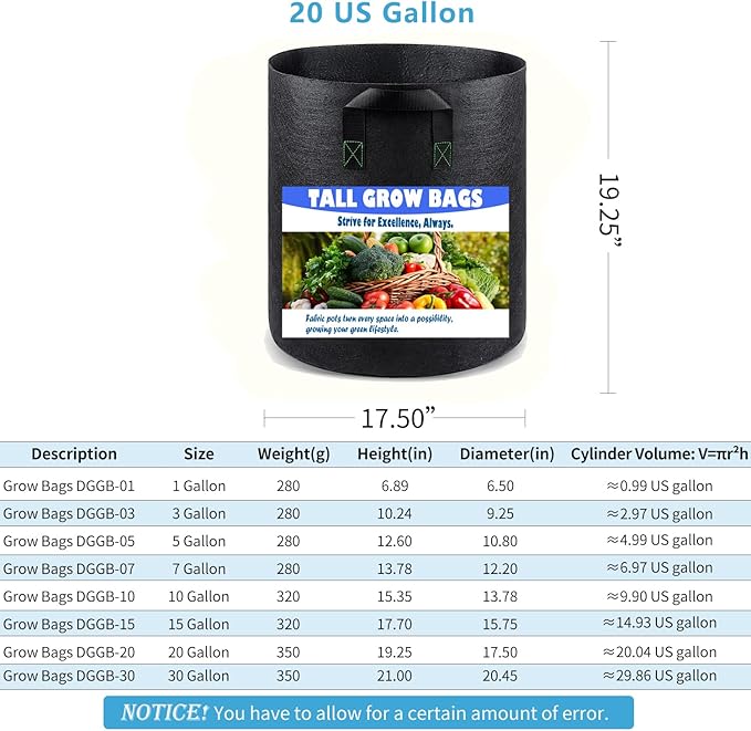 20 Gallon 2 Pack Grow Bags, Heavy Duty Nonwoven Aeration Fabric Plant Grow Pots for Vegetables