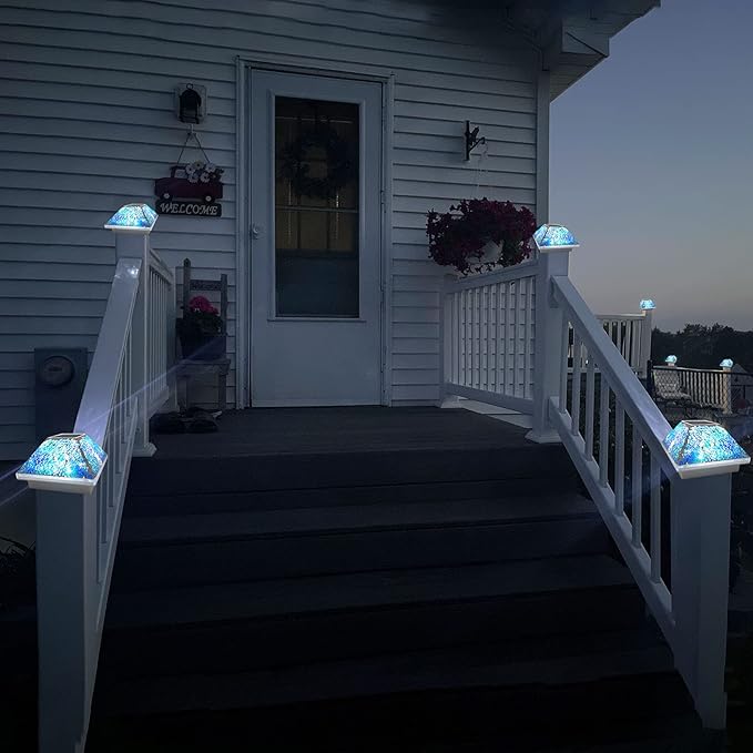 SUNNYPARK 2PK Mosaic Solar Post Cap Lights Outdoor for 4x4, 3.5x3.5 Post Crackled Glass Deck Fence Lamp Weatherproof LED Light Decor in Garden, Yard, Outdoor Table, Balcony, Landscape- Cyan Blue