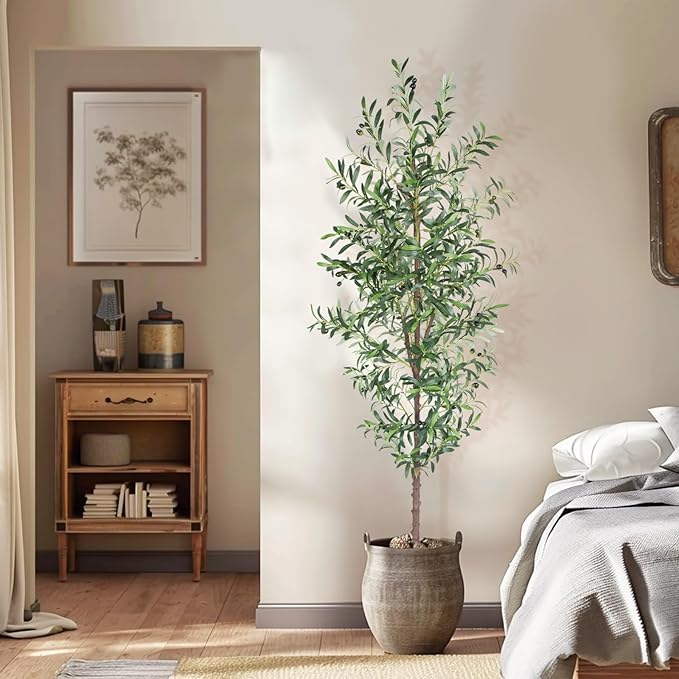 Artificial Olive Tree, 7FT Tall Faux Olive Trees 84in Outdoor Fake Potted Silk Plant with Trunk and Realistic 1048 Leaves and 40 Fruits for Modern Office Home Decor Indoor（1pack）