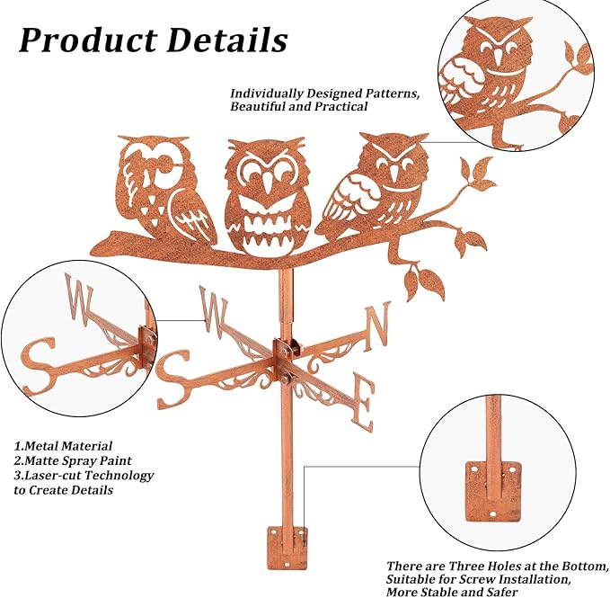 SUPERDANT Owls on Branch Weather Vane Animals Wind Vanes for Yard Metal Weathervane Roof Mount for Gardens Outside Reddish Copper Weathervanes Farmhouse Farm Barn Sheds Patio Decorations