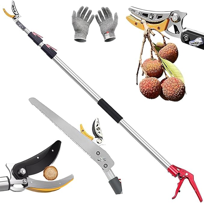 xixi-home Cut and Hold Pruners 4.6-9.8 Ft Long Reach Pole Saw Pruning Shears and Hold Bypass Pruner Extendable Tree Trimmer with Dedicated Serrations Telescoping Fruit Picker
