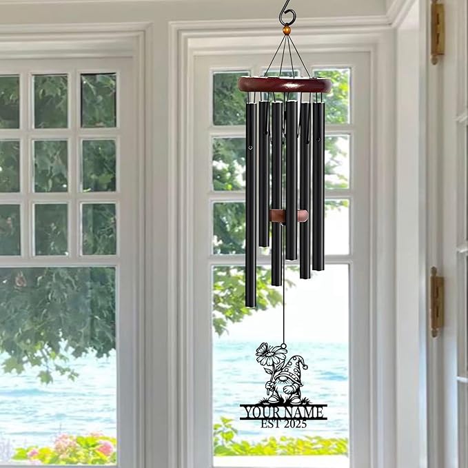 Personalized Customize Name Gnome Wind Chime, Metal Iron 37 Inch Outdoor Memorial Gift for Garden Yard Patio Home Decor, Black，Christmas (Style A)