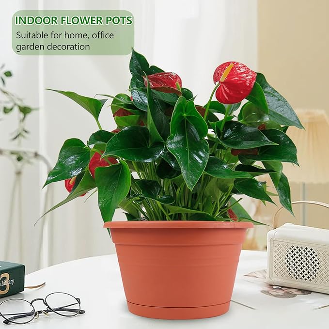 4 Pack Hanging Planters, 10 Inch Plant Pots with Hanger Chain & Drainage Trays, Hanging Baskets for Plants Outdoor Indoor, Flowers Pots for Home, Garden, Porch Decor (Brick Red)