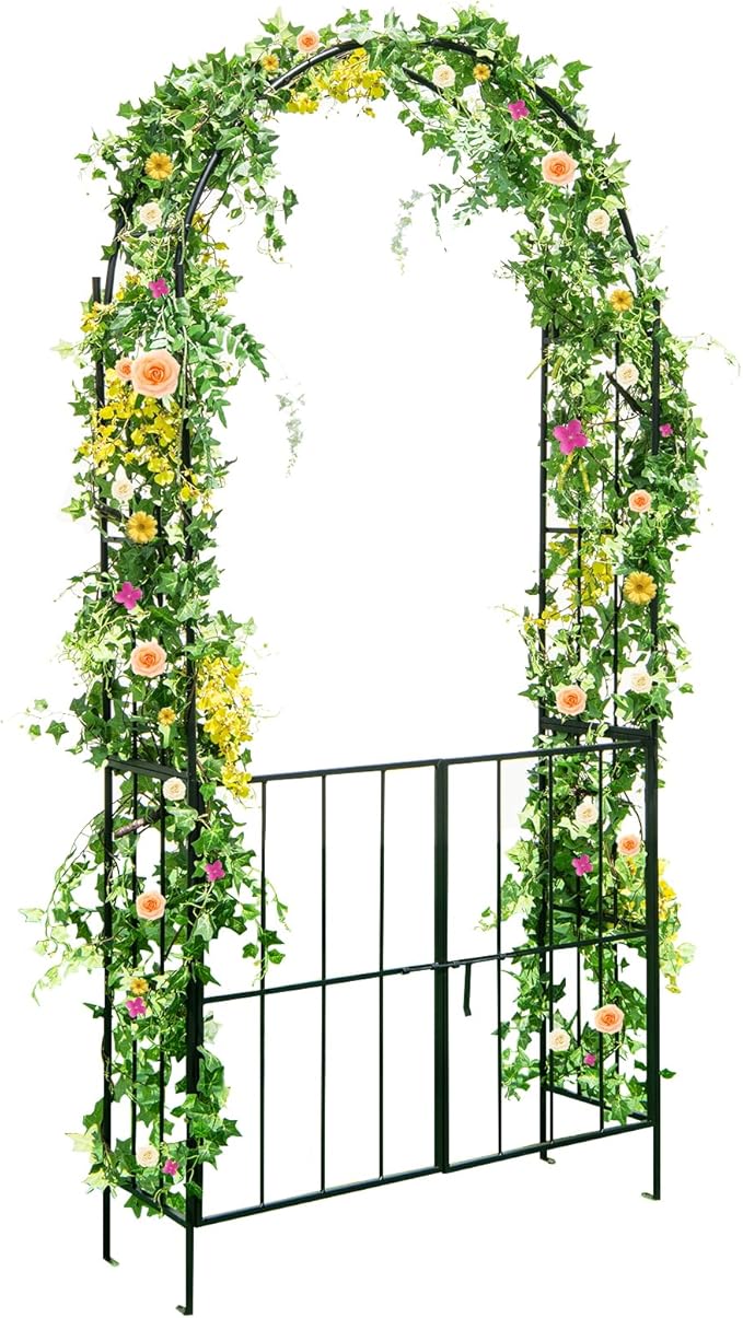 Tangkula 7.5Ft Garden Arbor with Gate, Metal Garden Arch with Trellis for Climbing Plants, Roses, Vines, Outdoor Garden Archway for Wedding Bridal Party Decoration Ceremony (Black)