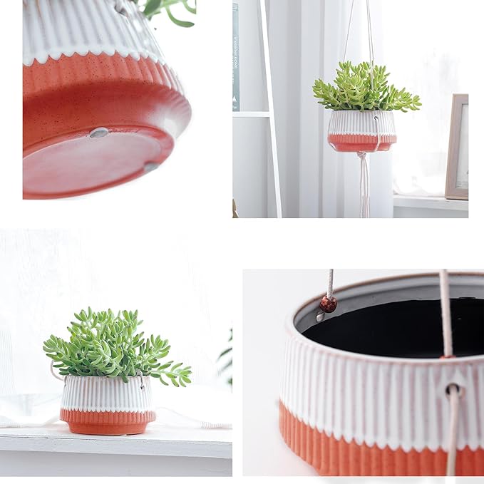 Hanging Ceramic Planters 5.5 + 8.5 Inch Set of 2 with Rope and Hook, Indoor Outdoor Hanging Flower Pots Basket Planter Holder for Home Garden, Aquatic Plants, Without Drainage Hole