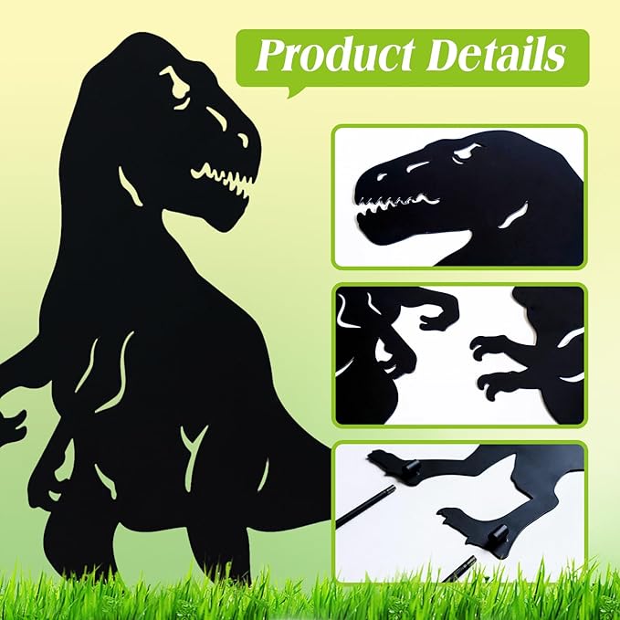 Dinosaur Metal Garden Stakes - Gifts for Women/Men/Lovers, Black Silhouette Statues, Outdoor Decor for Yard, Lawn Ornaments