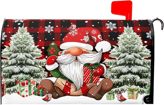 Christmas Mailbox Cover Magnetic Red Buffalo Plaid Gnome Mailbox Covers Magnetic Standard Size 21" X 25.5" Snowflake Mailbox Post Cover Letter Box Cover Home Garden Decor for Outside Decoration