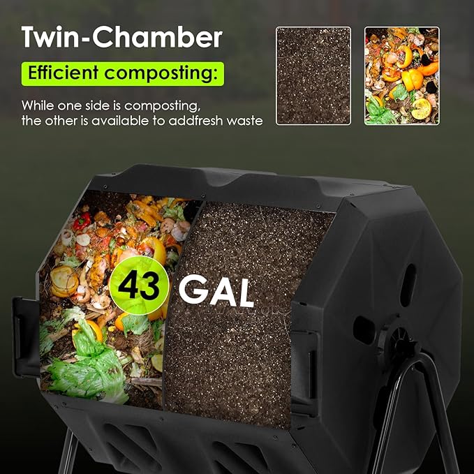 43 Gallon Compost Bin Outdoor Tumbling Composting Bins Compost Tumbler Bucket Trash Can w/Dual Chamber Sliding Doors for Garden Patio,Black Door